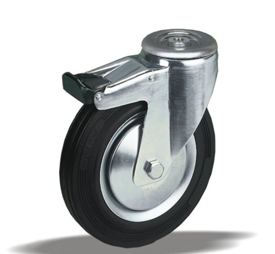 Swivel transport castor with brake + black rubber tread Ø80 x W30mm for 65kg Prod ID: 34065