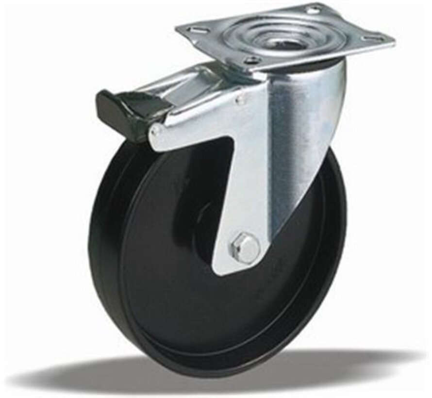 Vrtljivo kolo z zavoro 125 mm, poliamid, drsni ležaj, plošča 105x85 mm, 250 kg, Šifra 2-684 A, črno platišče kolesa