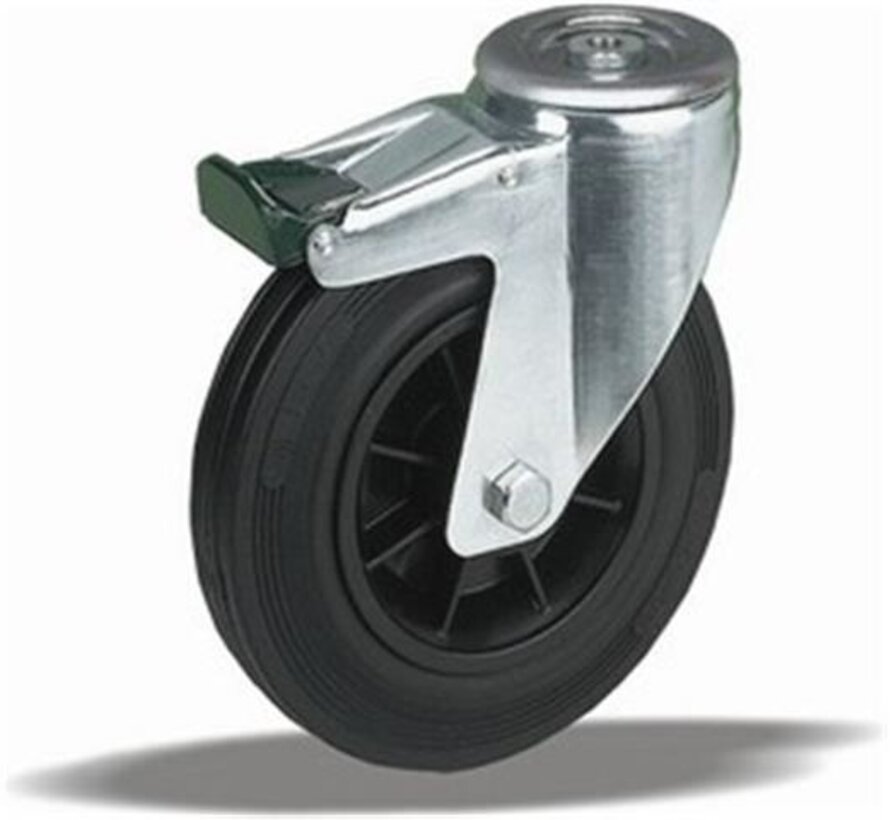 Swivel transport castor with brake + black rubber tread Ø125 x W37mm for 130kg Prod ID: 34215
