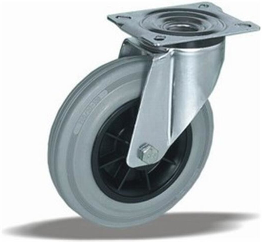 Vrtljivo kolo 100 mm, siva guma, valjčni ležaj, plošča 105x85 mm, 80 kg, Šifra 2-915 ISO