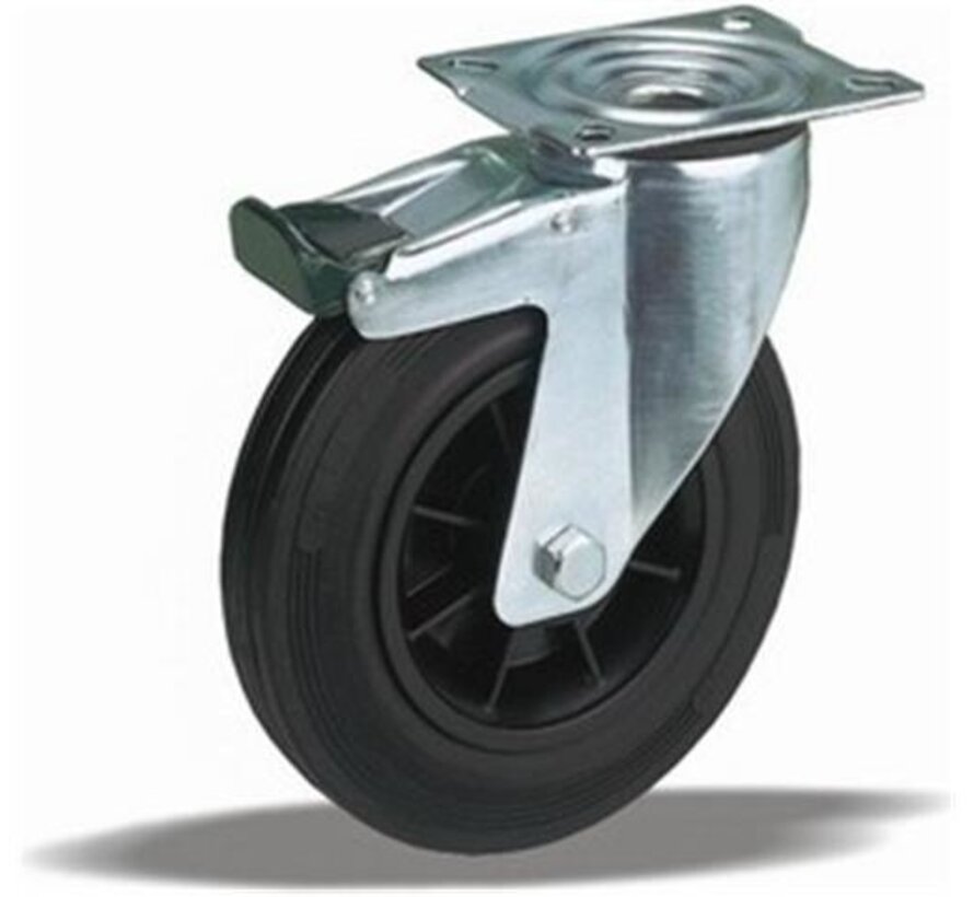 Roulette pivotante de manutention avec frein 200 mm, caoutchouc noir, palier lisse, platine 135x110 mm, 230 kg, Réf. 2-941 ISO