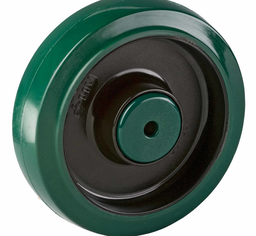 Rueda 200 mm de acero inoxidable, goma elástica, rodamiento de rodillos, agujero del eje 20 mm, 400 kg, Ref. 2-040-40V