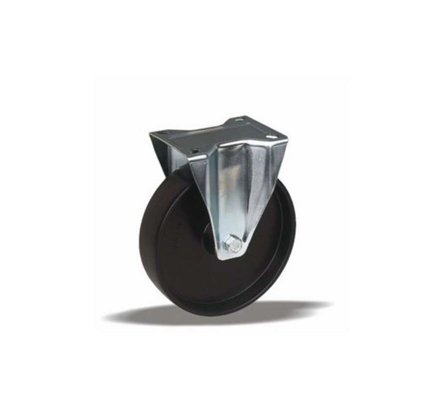 Fiksno kolo 125 mm, polipropilen, valjčni ležaj, plošča 105x85 mm, 150 kg, Šifra 2-667 ISO, črno platišče kolesa
