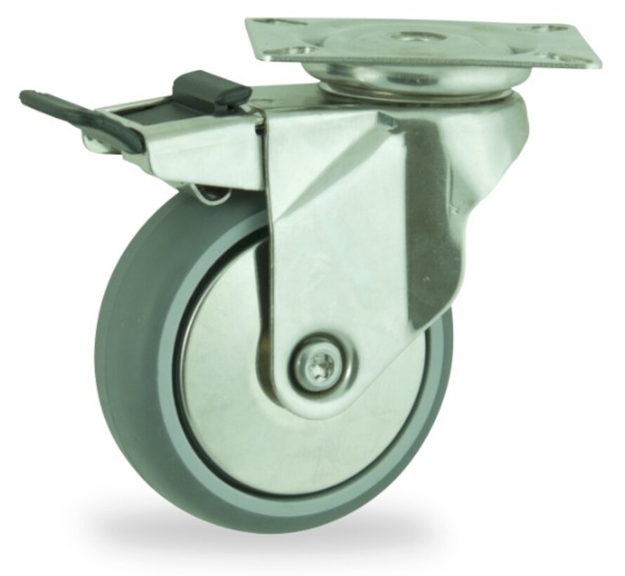 Rueda giratoria con freno total 75 mm para uso institucional, goma termoplástica (TPE), rodamiento de bolas, platina 60x60 mm, 60 kg, Ref. 2-7PZ-15K