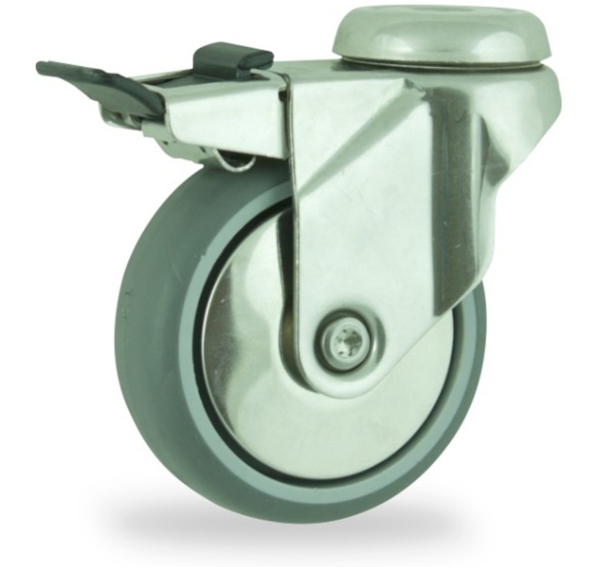 Roulette pivotante avec frein total 100 mm pour collectivités, caoutchouc thermoplastique (TPE), roulement à billes, trou central 10,2 mm, 70 kg, Réf. 2-7LZ-20K