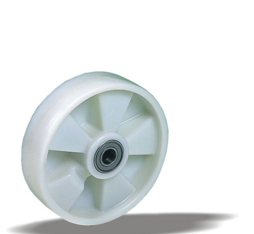 Kolo 160 mm za velike obremenitve, poliamid, kroglični ležaj, izvrtina osi 20 mm, 400 kg, Šifra 2-278 ISO, belo platišče kolesa