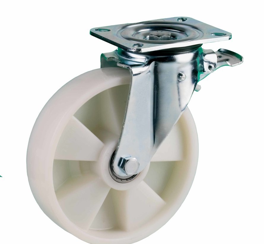 Heavy duty swivel castor with total brake 200 mm, polyamide, ball bearing, plate 140x110 mm, 500 kg, Art. 2-063-40K, wheel centre white