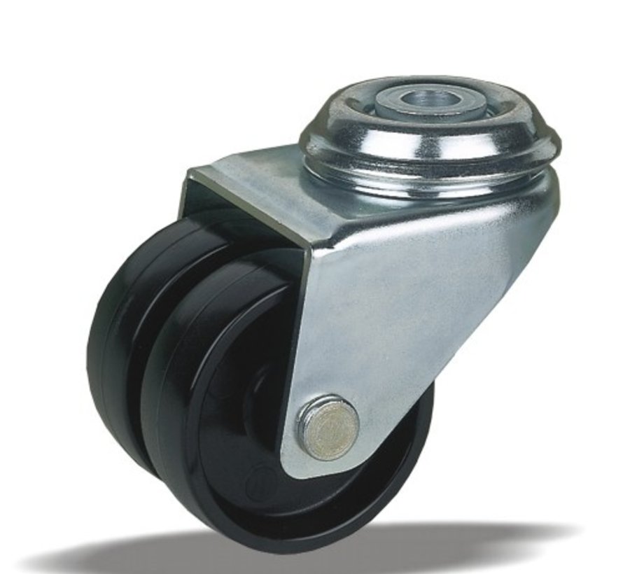 Roulette pivotante 50 mm pour meubles, polyamide, palier lisse, trou central 10,5 mm, 80 kg, Réf. 2-823 B20