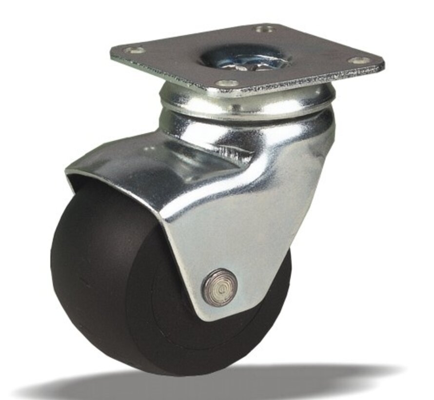 Roulette pivotante 45 mm pour meubles, polypropylène, palier lisse, platine 42x42 mm, 50 kg, Réf. 2-458 A