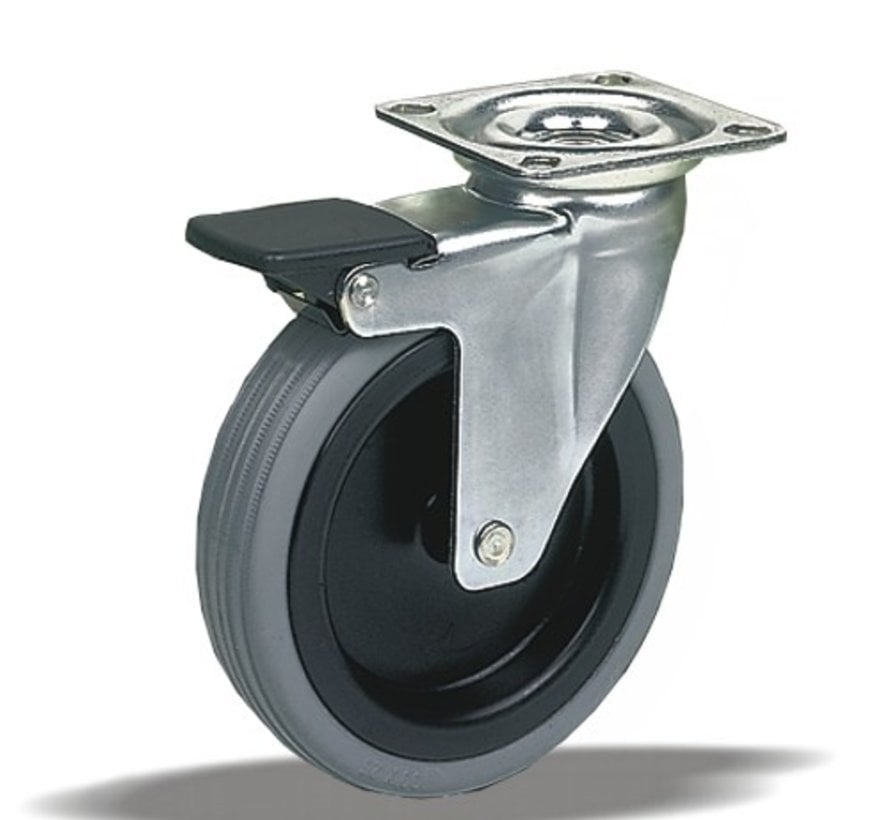 Furniture swivel castor with total brake 50 mm, rubber, plain bearing, plate 60x60 mm, 40 kg, Art. 2-846 G1