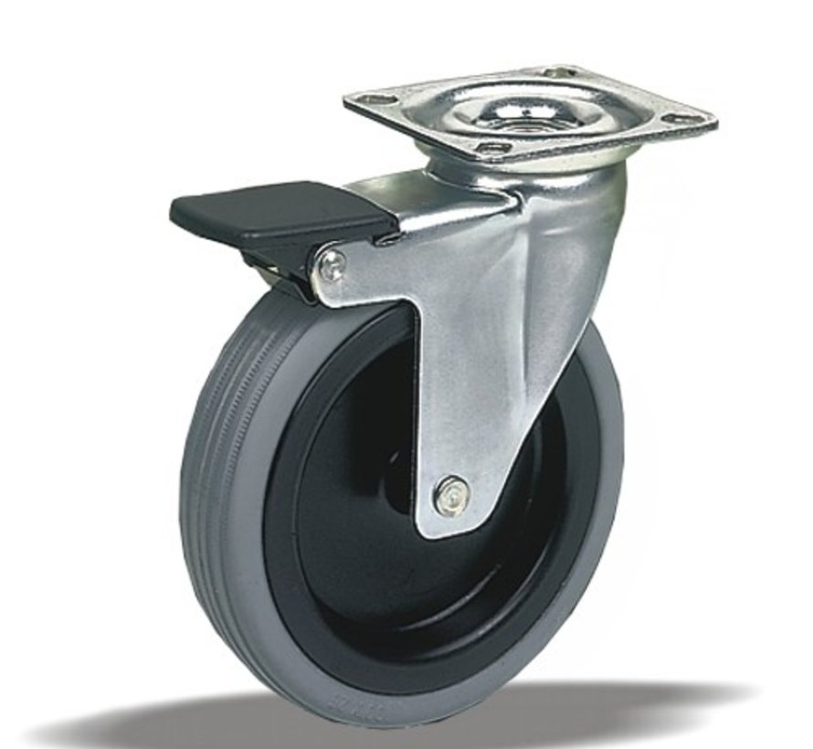 Swivel castor with brake +  rubber tread Ø50 x W20mm for 40kg Prod ID: 35274