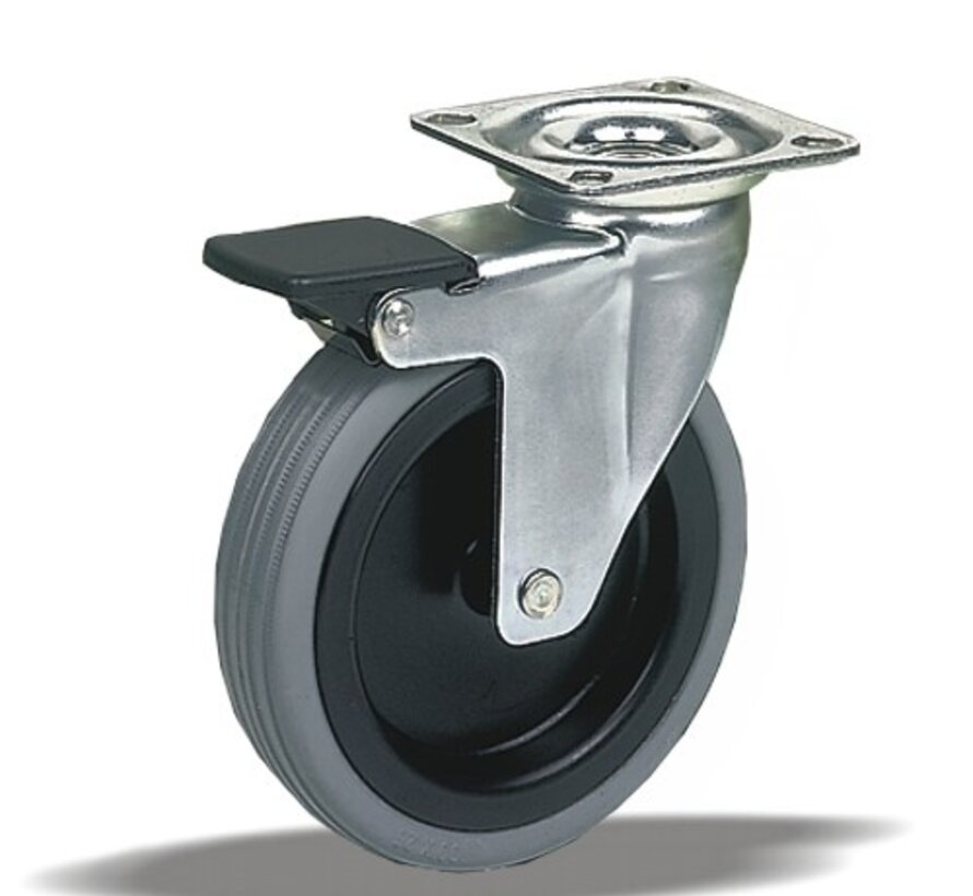 Furniture swivel castor with total brake 75 mm, rubber, plain bearing, plate 60x60 mm, 50 kg, Art. 2-847 G1
