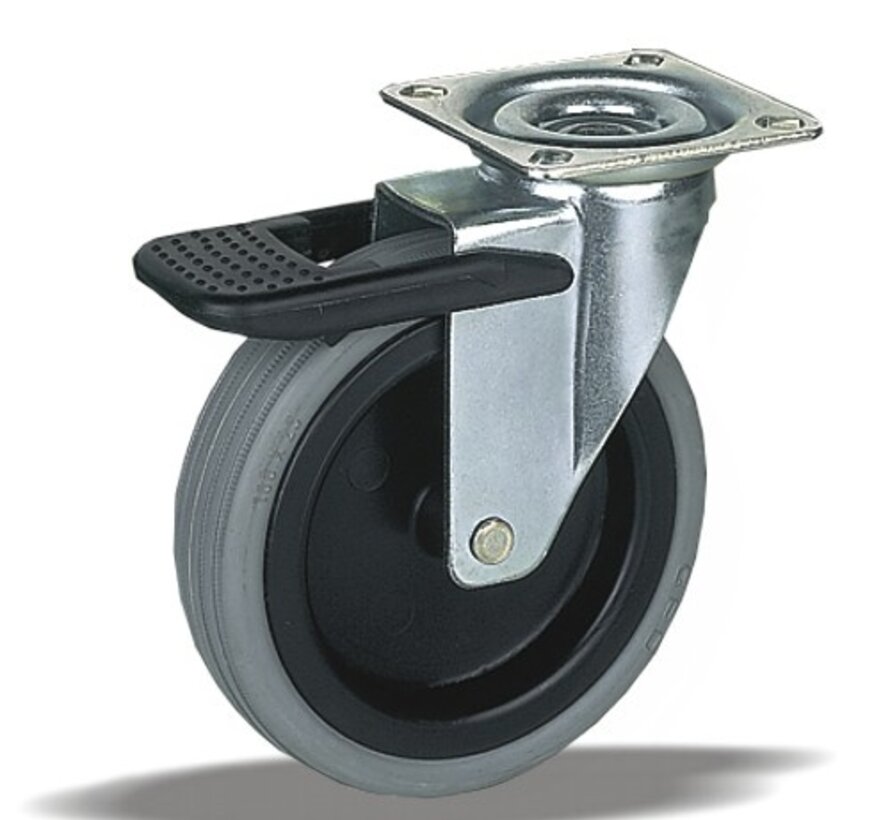 Rueda giratoria con freno 100 mm para muebles, goma termoplástica (TPE), cojinete liso, platina 60x60 mm, 80 kg, Ref. 2-821 D