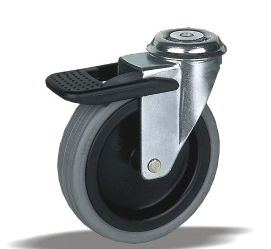 Furniture swivel castor with brake 75 mm, rubber, plain bearing, bolt hole 10.5 mm, 50 kg, Art. 2-811 010