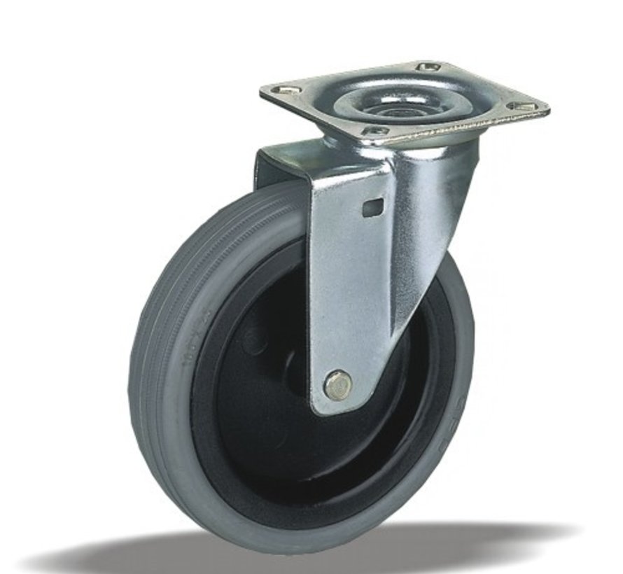 Furniture swivel castor 75 mm, rubber, plain bearing, plate 60x60 mm, 50 kg, Art. 2-811 B