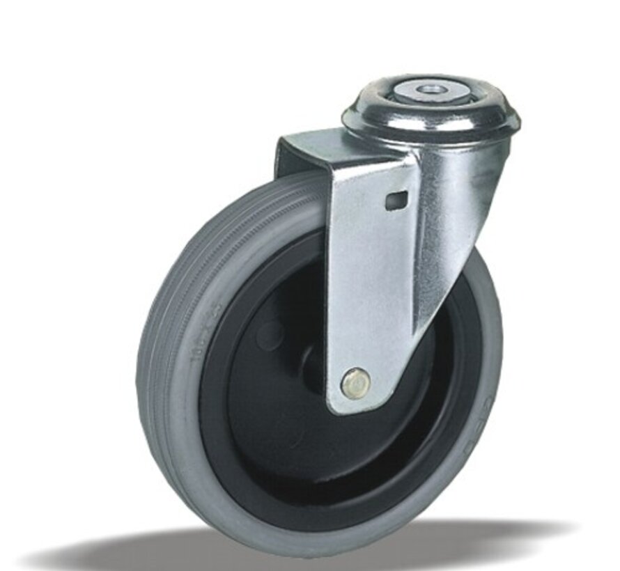 Roulette pivotante 75 mm pour meubles, caoutchouc, palier lisse, trou central 10,5 mm, 50 kg, Réf. 2-811 A10