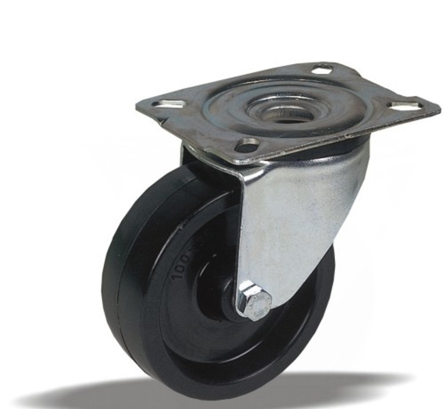 Rueda giratoria 125 mm, poliamida resistente al calor, cojinete liso, platina 105x85 mm, 200 kg, Ref. 2-427-25D