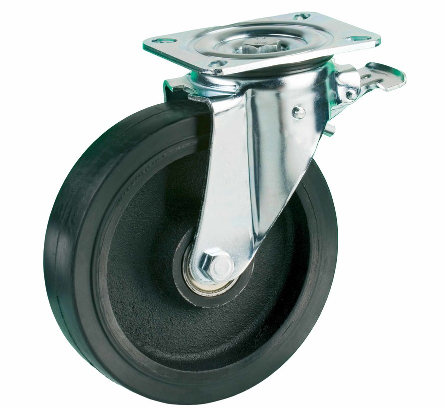Heavy duty swivel castor with total brake 200 mm, black rubber, ball bearing, plate 140x110 mm, 600 kg, Art. 2-133-40K