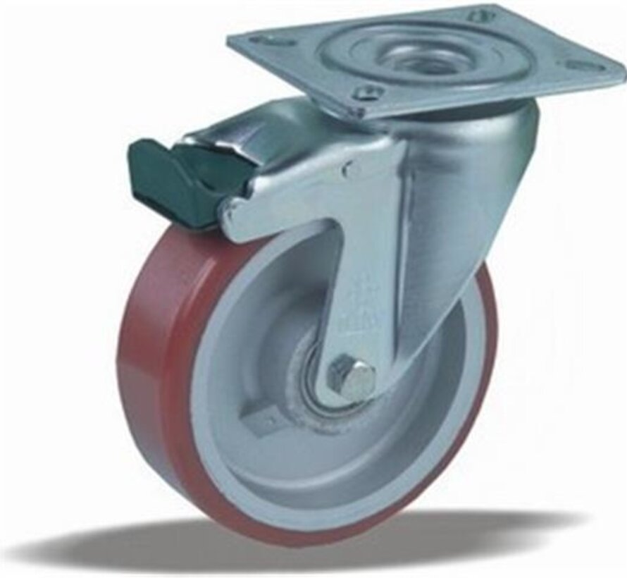 Swivel castor with brake + injection-moulded polyurethane tread Ø100 x W40mm for 250kg Prod ID: 42405