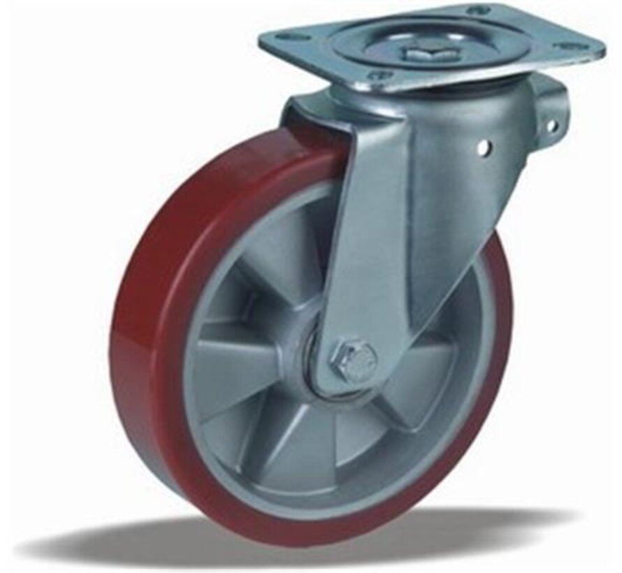 Swivel castor + injection-moulded polyurethane tread Ø160 x W50mm for 600kg Prod ID: 42403