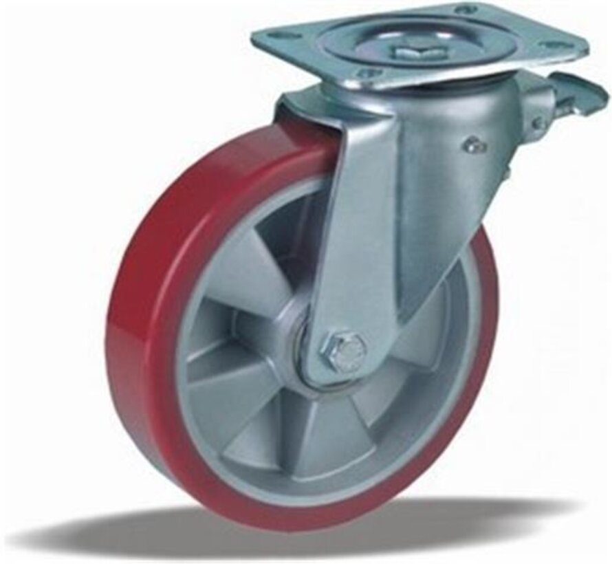 Swivel castor with brake + injection-moulded polyurethane tread Ø160 x W50mm for 600kg Prod ID: 42414