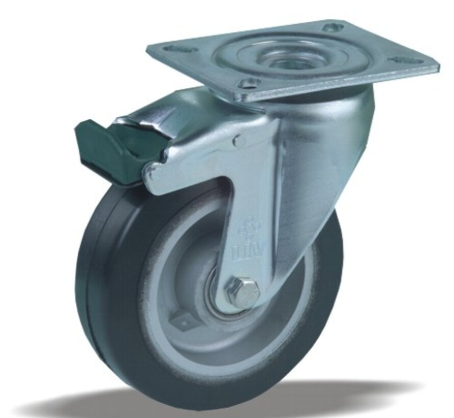 Swivel castor with brake + black rubber tread Ø100 x W40mm for 170kg Prod ID: 42543