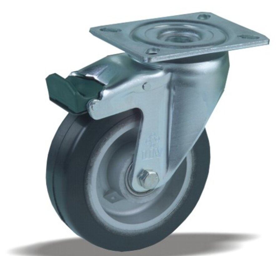 Swivel castor with total brake 125 mm, black rubber, ball bearing, plate 105x85 mm, 200 kg, Art. 2-113-25K