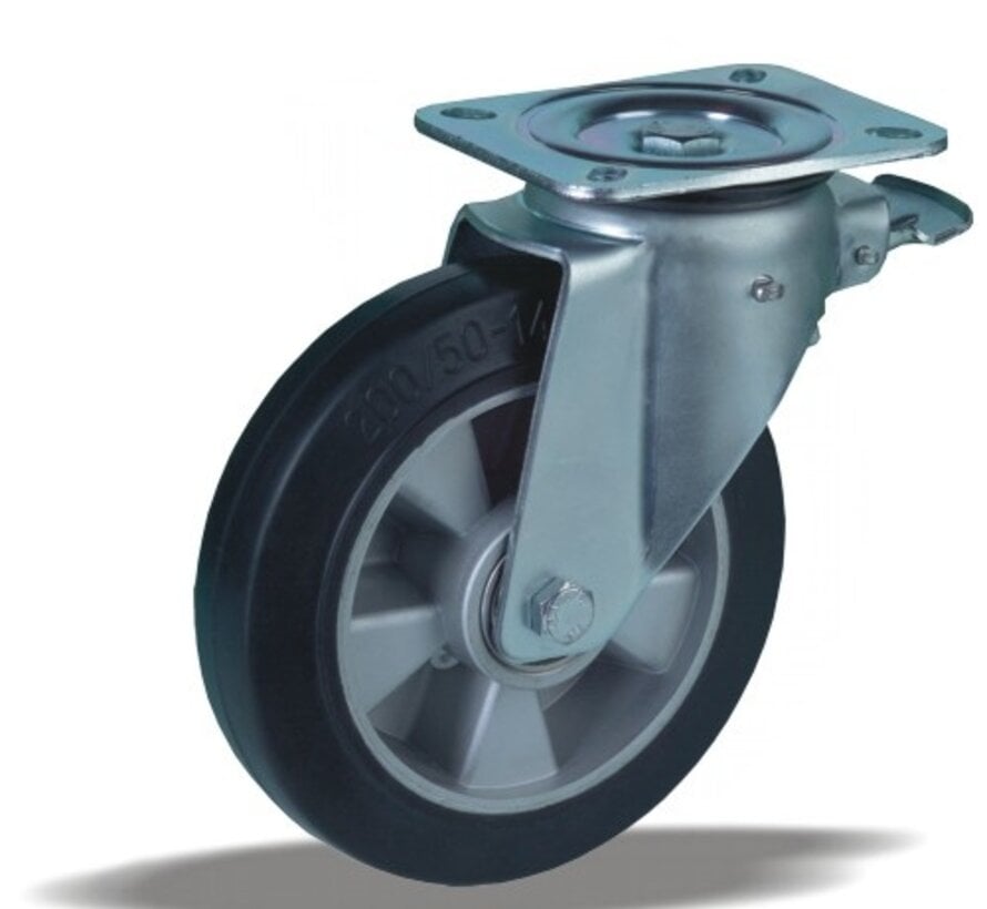 Swivel castor with brake + black rubber tread Ø200 x W50mm for 500kg Prod ID: 42375