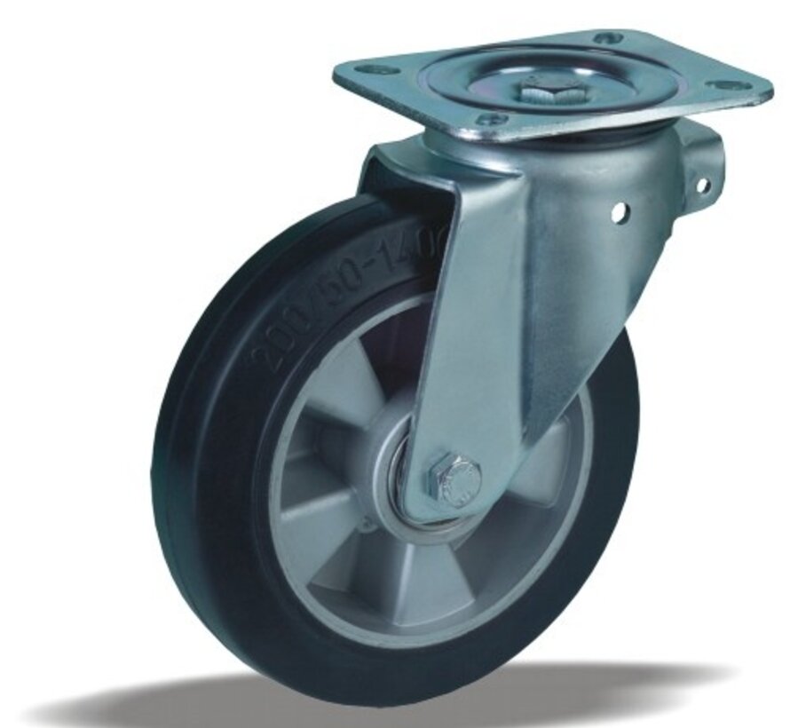 Rueda giratoria 200 mm para cargas pesadas, goma negra, rodamiento de bolas, platina 140x110 mm, 500 kg, Ref. 2-112-40K