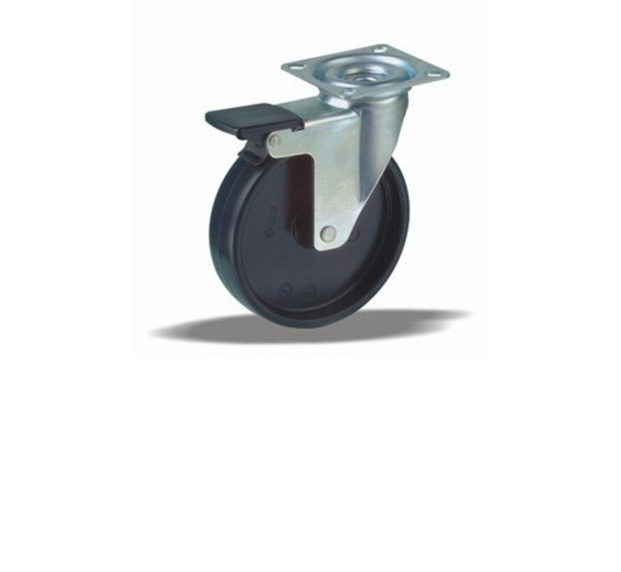Swivel castor with brake + solid polypropylene wheel Ø75 x W25mm for 75kg Prod ID: 35113