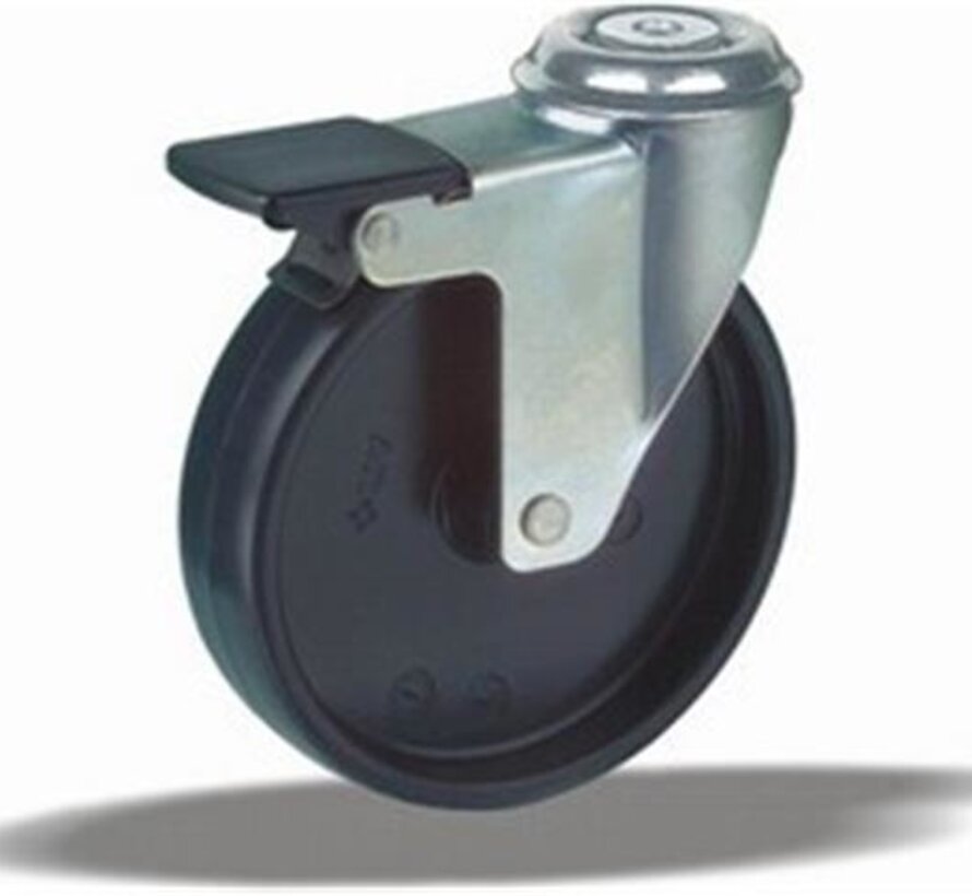 Swivel castor with brake + solid polypropylene wheel Ø75 x W25mm for 75kg Prod ID: 40743