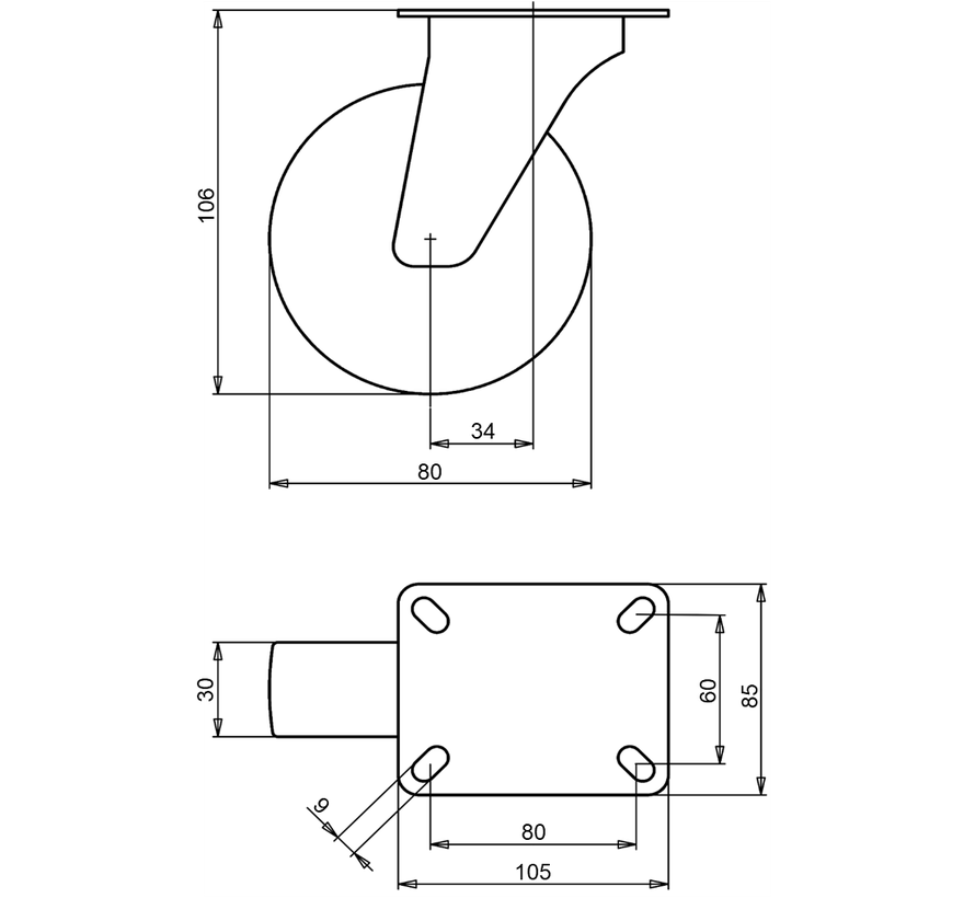 Estándar Rueda de transporte giratoria + neumático de goma negro Ø80 x W30mm para 65kg Prod ID: 62389