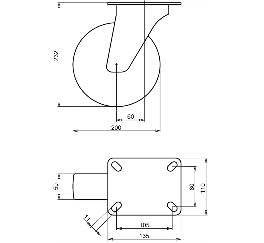 standard Swivel transport castor + black rubber tyre Ø200 x W50mm for  230kg Prod ID: 62393