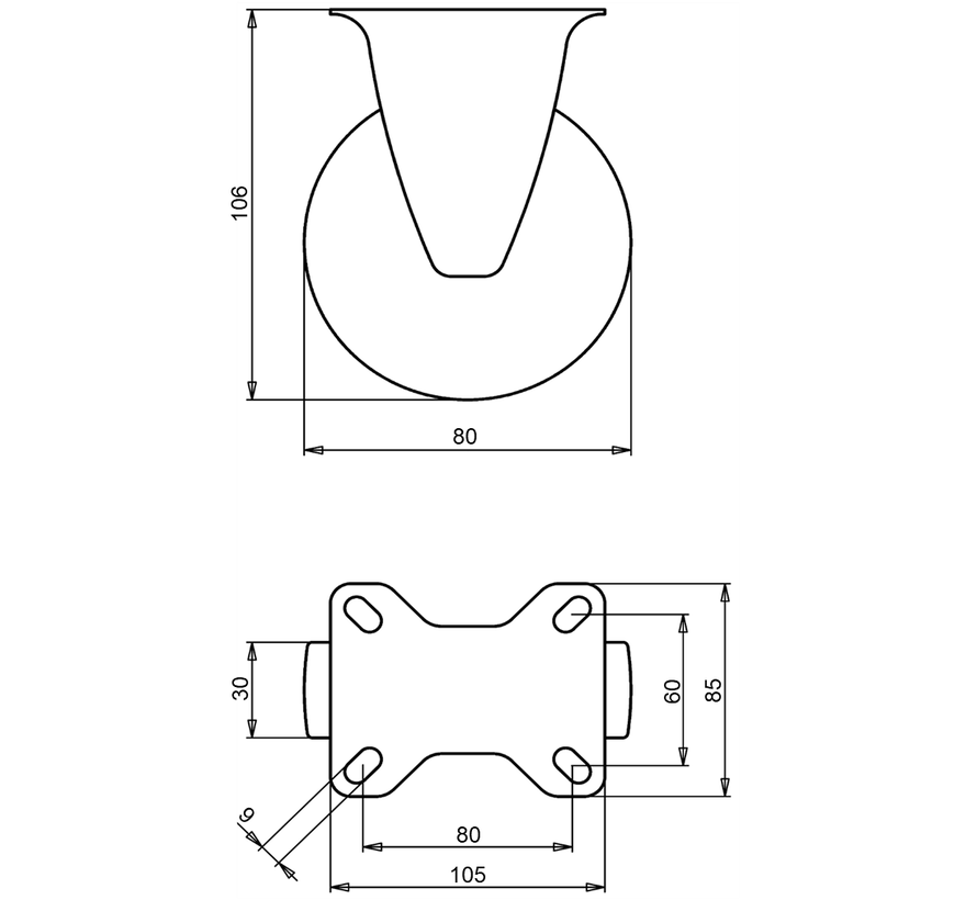 Estándar rueda fija de transporte + neumático de goma negro Ø80 x W30mm para 65kg Prod ID: 59320