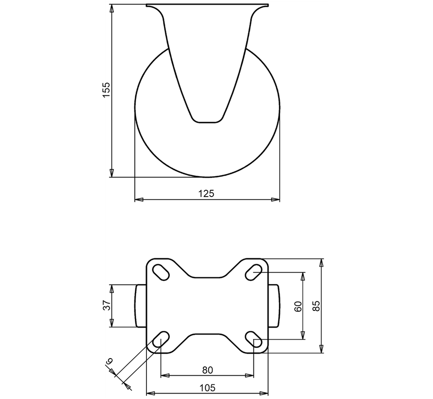 standard fixed transport castor + black rubber tyre Ø125 x W37mm for  130kg Prod ID: 62401