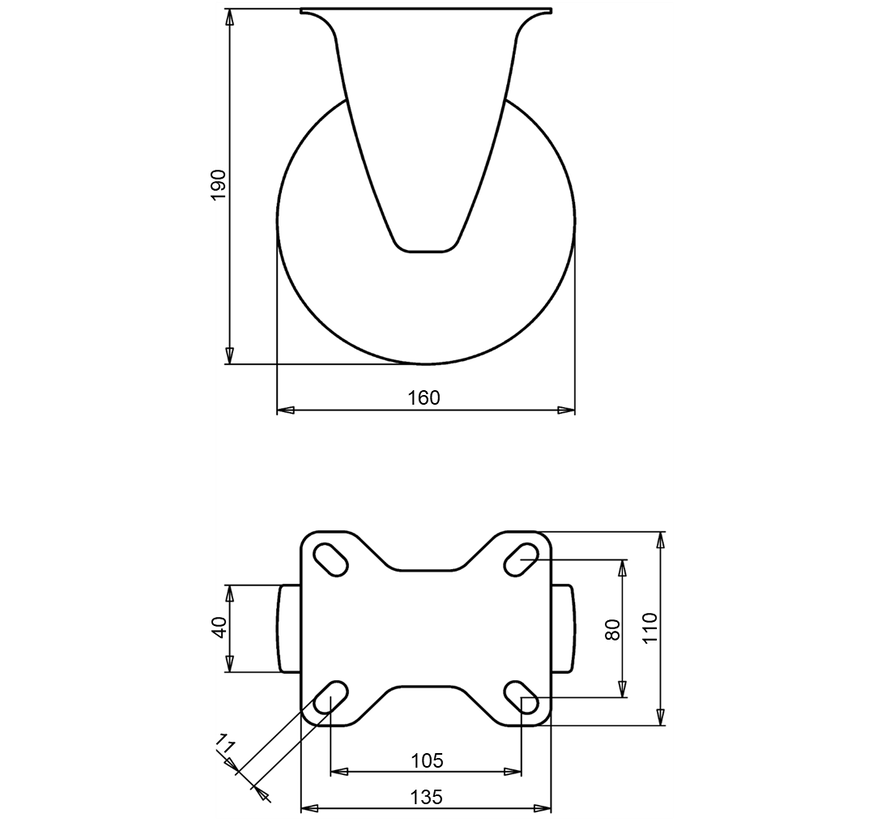 Roulette fixe de manutention 160 mm, caoutchouc noir, roulement à rouleaux, platine 135x110 mm, 180 kg, Réf. 2-641 ISO