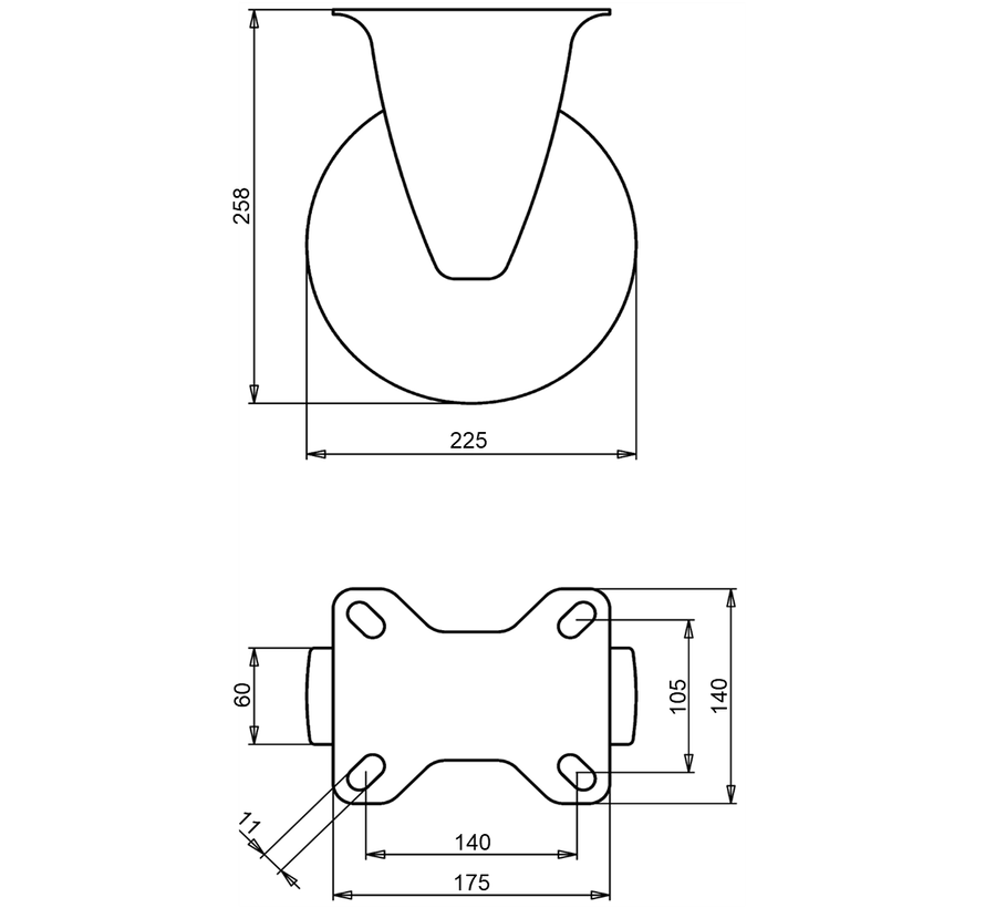 Fixed transport castor 225 mm, black rubber, plain bearing, plate 175x140 mm, 250 kg, Art. 2-312 ISO