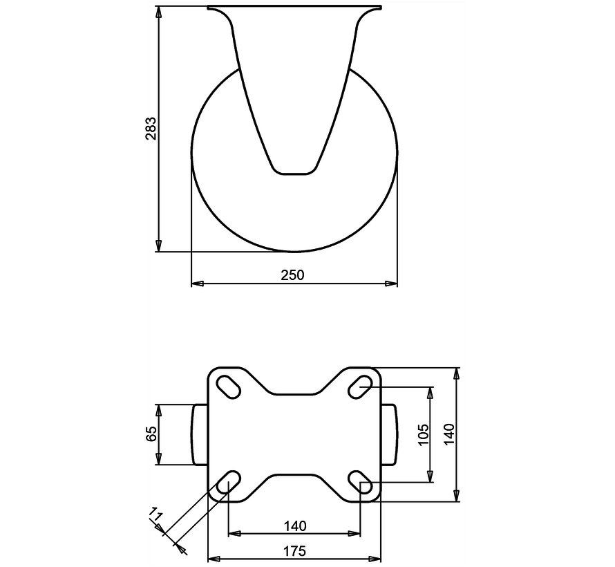 Estándar rueda fija de transporte + neumático de goma negro Ø250 x W65mm para 300kg Prod ID: 62953