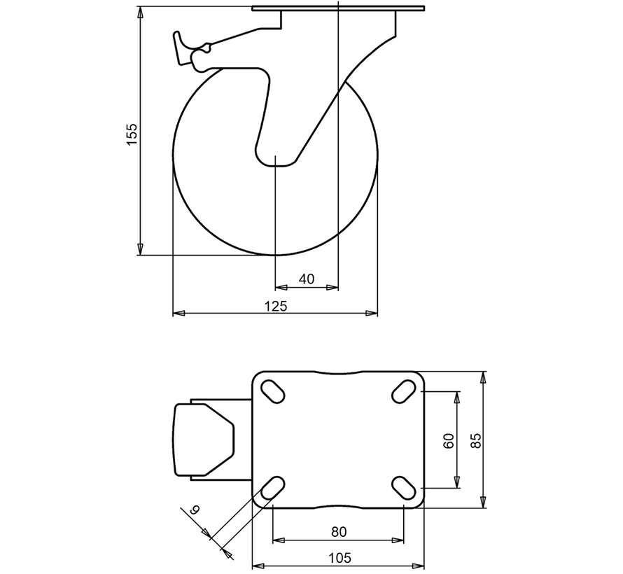 Lenkrolle mit Feststeller 125 mm, Gummi grau, Gleitlager, Platte 105x85 mm, 130 kg, Art. 2-937 ISO