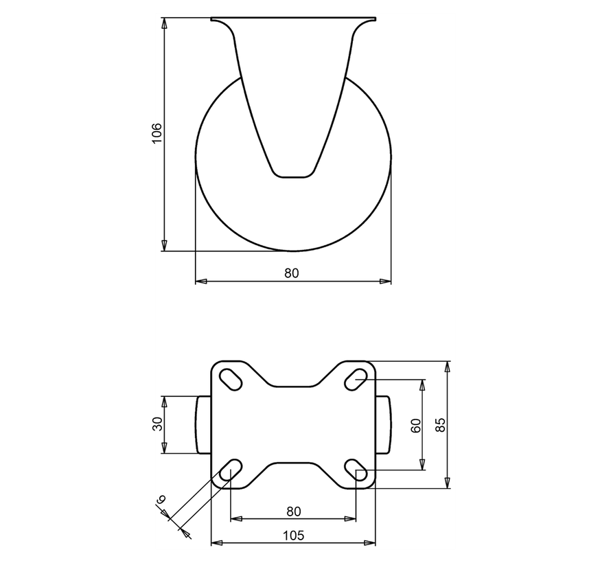 Estándar rueda fija de transporte + neumático de goma negro Ø80 x W30mm para 65kg Prod ID: 31473