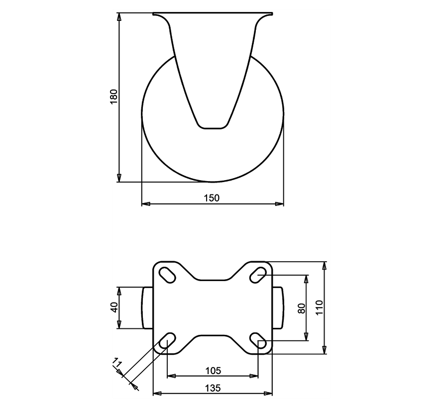 Fixed castor + grey rubber tread Ø150 x W40mm for 170kg Prod ID: 39645