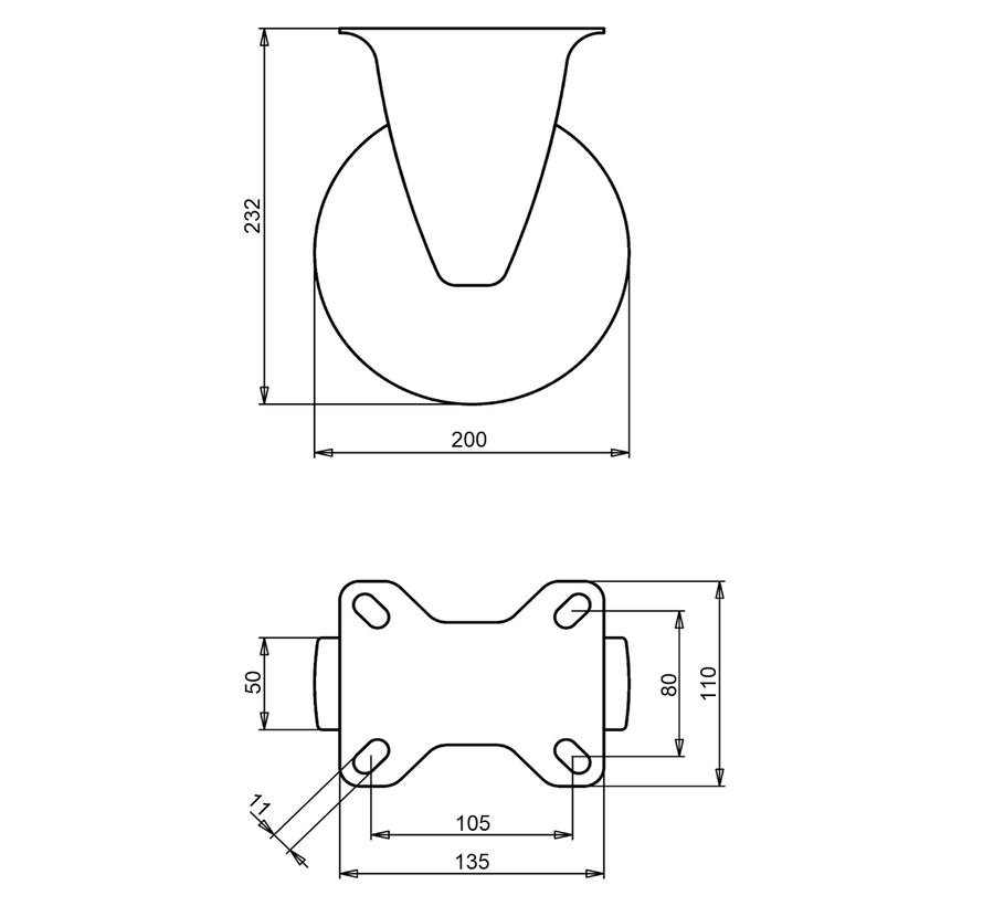 Fixed transport castor + black rubber tread Ø200 x W50mm for 230kg Prod ID: 31524