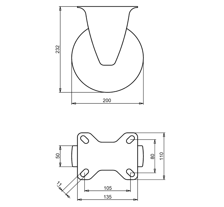 Fixed transport castor 200 mm, black rubber, plain bearing, plate 135x110 mm, 230 kg, Art. 2-964 ISO