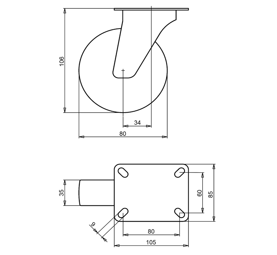 Estándar Rueda giratoria + rueda de polipropileno macizo Ø80 x W35mm para 100kg Prod ID: 66736