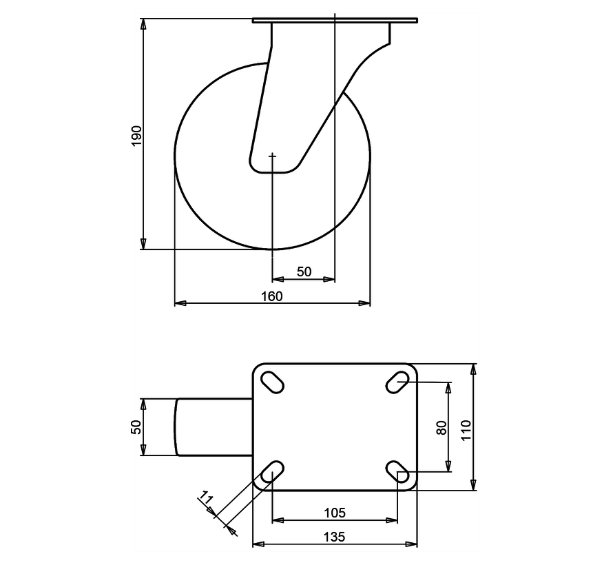 Ruota girevole 160 mm, poliuretano, cuscinetto a rulli, piastra 135x110 mm, 300 kg, Art. 2-052-32V