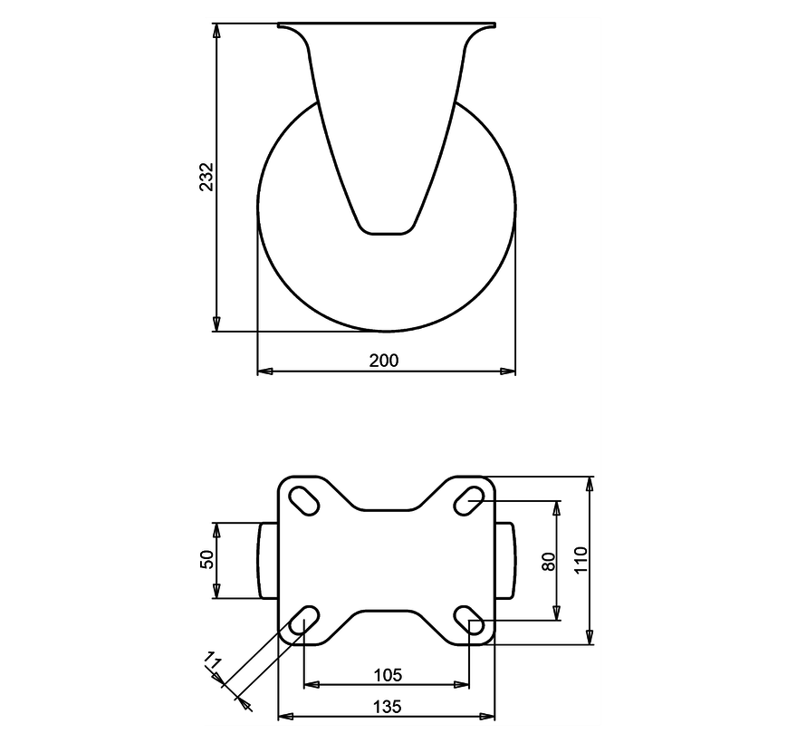 Fixed castor 200 mm, polyurethane, roller bearing, plate 135x110 mm, 300 kg, Art. 2-051-40V