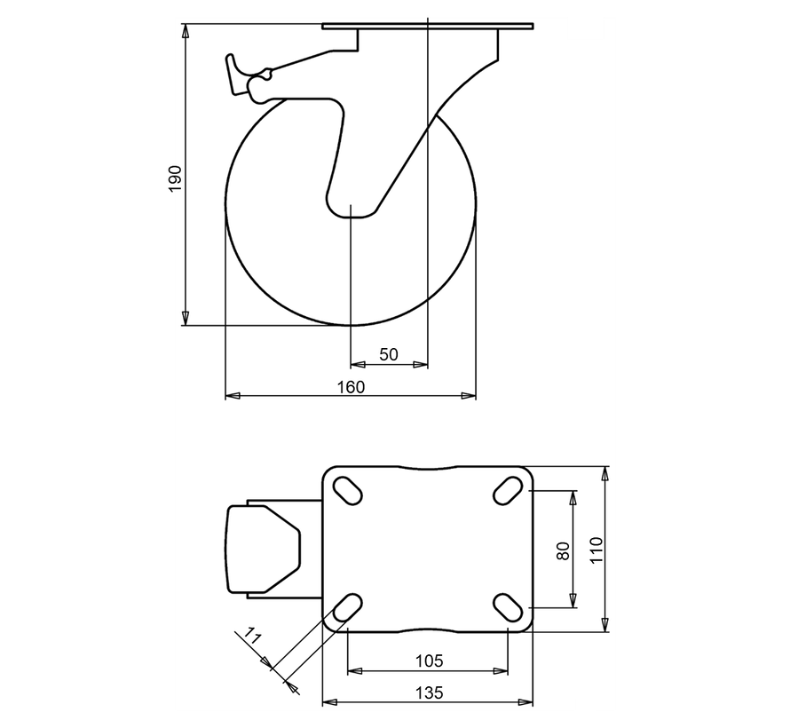 Vrtljivo kolo s popolno zavoro 160 mm, elastična guma, drsni ležaj, plošča 135x110 mm, 300 kg, Šifra 2-043-32D