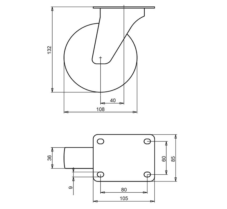 Swivel castor 108 mm, polypropylene, roller bearing, plate 105x85 mm, 150 kg, Art. 2-715 ISO, wheel centre black