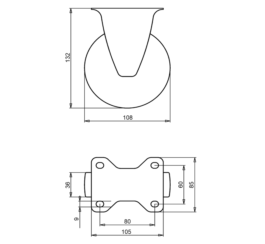 Estándar Rueda fija + rueda de polipropileno macizo Ø108 x W36mm para 150kg Prod ID: 31813