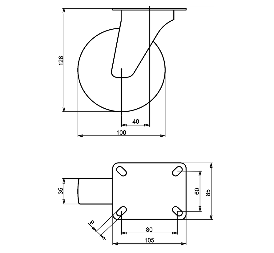 Swivel castor + solid polyamide wheel Ø100 x W35mm for 200kg Prod ID: 40825